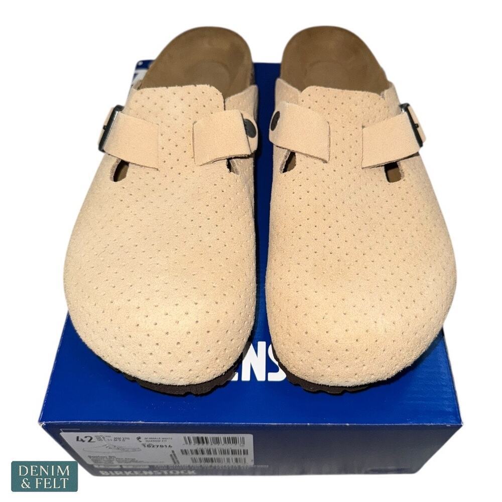 NEW Birkenstock Boston Emboss Dots New Beige Suede Clogs 42 Narrow Fit Comfort - Picture 8 of 16